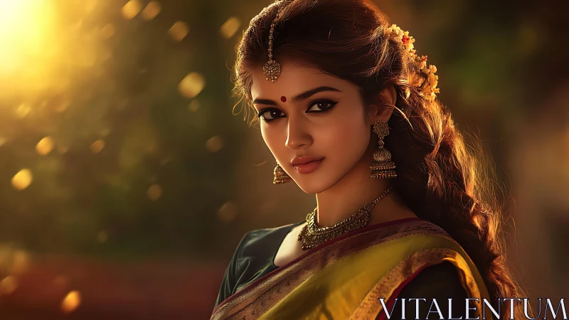 Cinematic portrait of Indian woman in sari at golden hour
