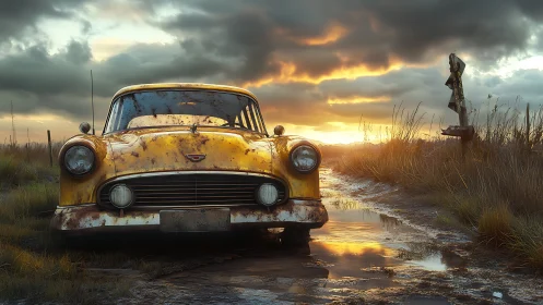 Rust-gilded yellow classic car dreaming in a sunset marsh.