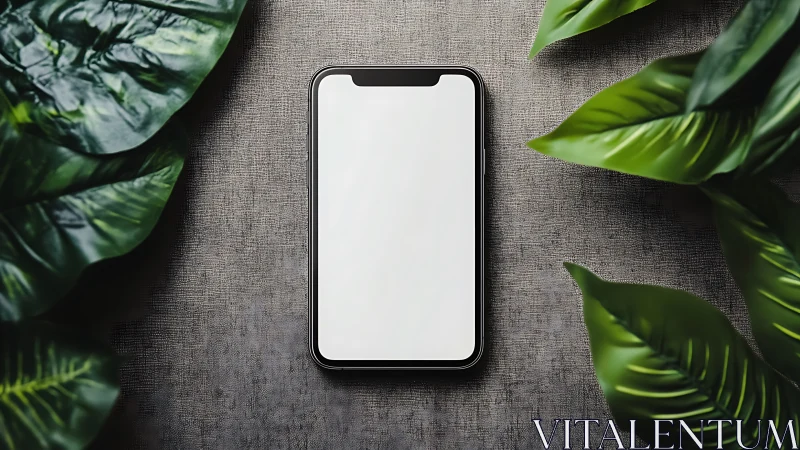Smartphone with blank screen surrounded by lush green tropical foliage