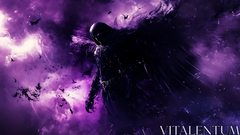 Shadowed winged figure emerges from luminous violet nebular storm