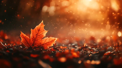 Single maple leaf glowing on warm autumn forest floor.