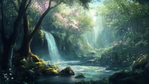 Enchanted Forest Waterfall. Mystic Woodland Stream.