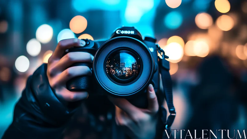 Canon DSLR Camera Lens Framing Cityscape Bokeh.