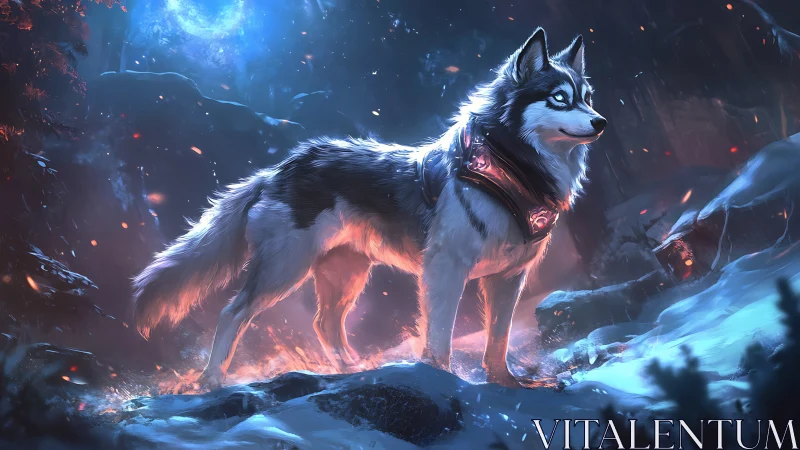 Luminous spirit wolf guards enchanted winter forest. Period.