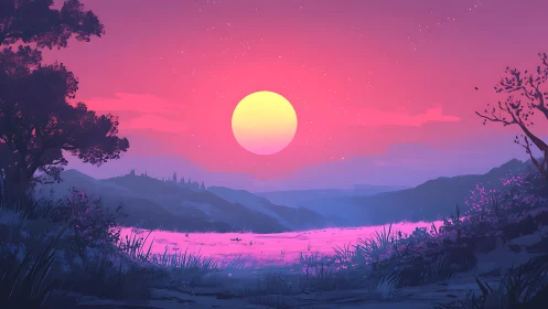 Stylized sunset landscape with lake, trees, and distant hills.