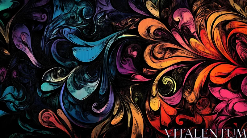 Fluid multicolored abstract swirls on dark contrasting background.