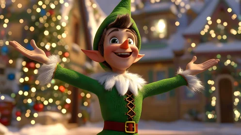 Festive cartoon elf welcomes viewers in glowing winter village.