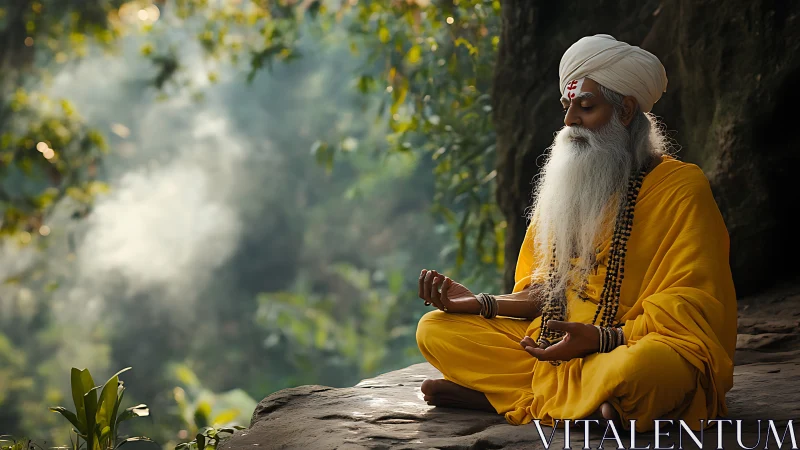 Forest sage in golden robes meditating on sunlit rock.