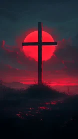 Silhouetted cross intersects crimson sun in high contrast skyline