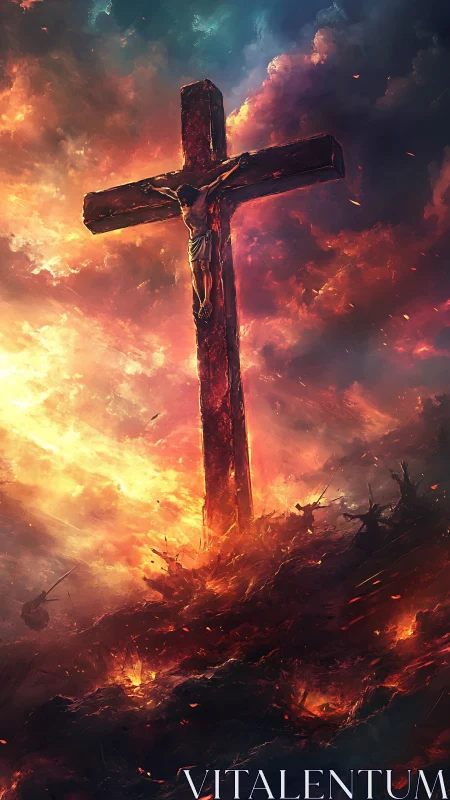 Fiery crucifixion scene over burning battlefield sky.