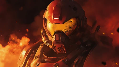 Armored sci fi soldier stands amid dense orange fire haze