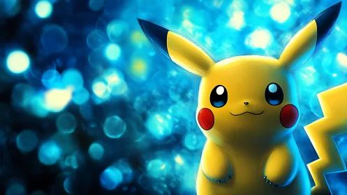 Pikachu character rendered against bright blue bokeh lights