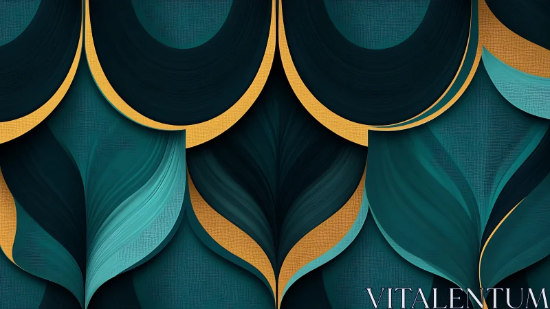 Layered teal leaf motifs intersect with gold arcs in rhythmic symmetry