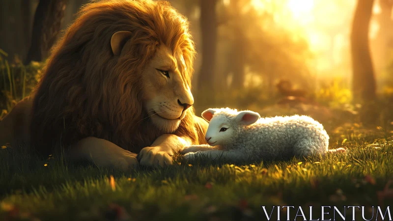 Lion and lamb rest in golden forest light, serene harmony.