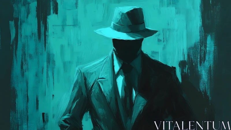 Shadowed detective walks out of turquoise painted silence