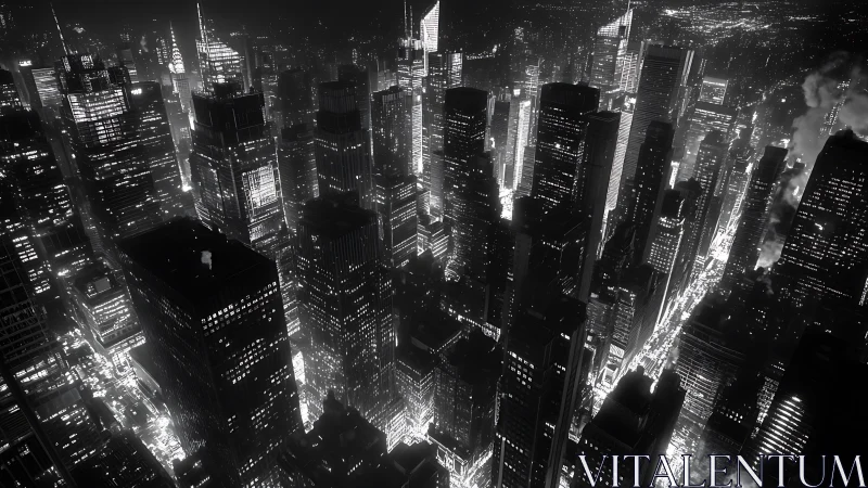 Noir aerial cityscape captures dense luminous night skyline