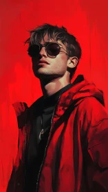 Young male subject in red jacket against flat red backdrop.
