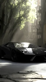Black supercar cuts sunlight through narrow urban canyon