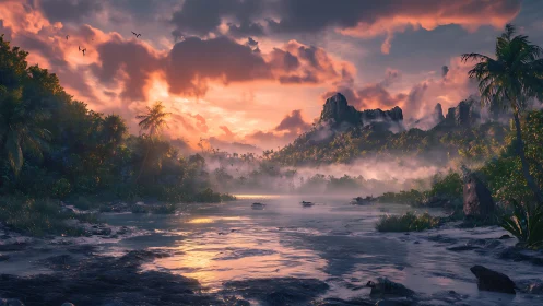 Tropical River Valley Dawn with Karst Mountains.