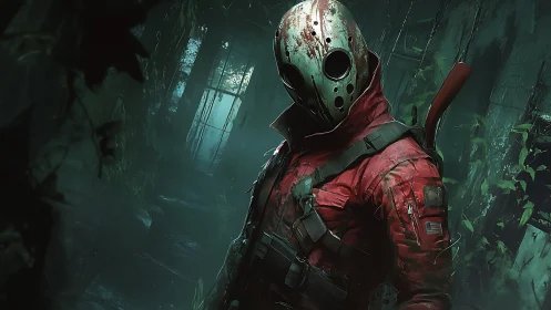 Masked soldier stalks ruined jungle corridor in fog.