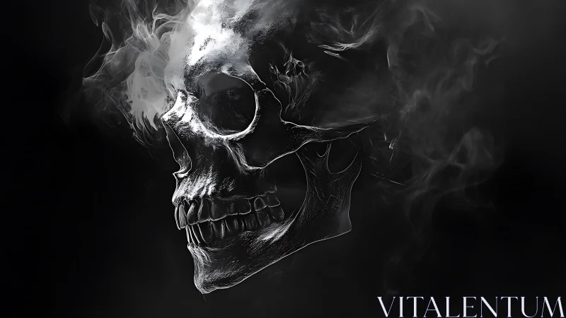 Smoldering metallic skull emerges from swirling black smoke.