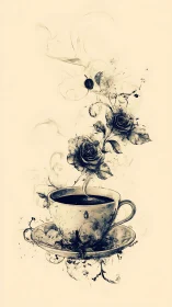 Coffee cup with floral steam and roses illustration.