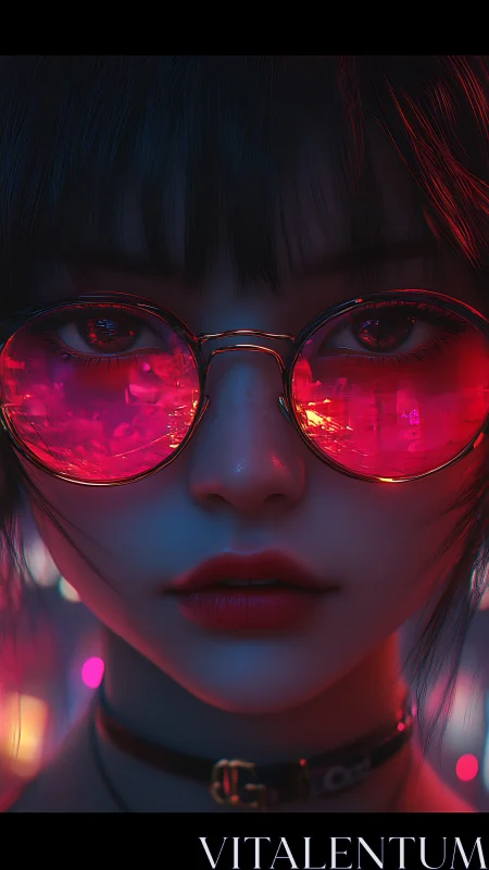 Neon lit close up of girl in reflective pink glasses.