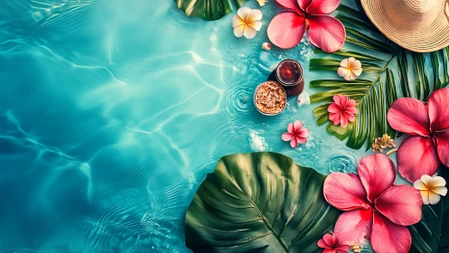 Top view tropical pool scene with flowers and drink.