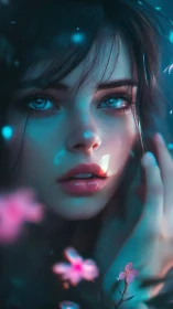 Ethereal blue portrait with luminous eyes and soft florals.