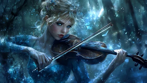 Icy blue virtuoso renders violin performance amid crystalline particles