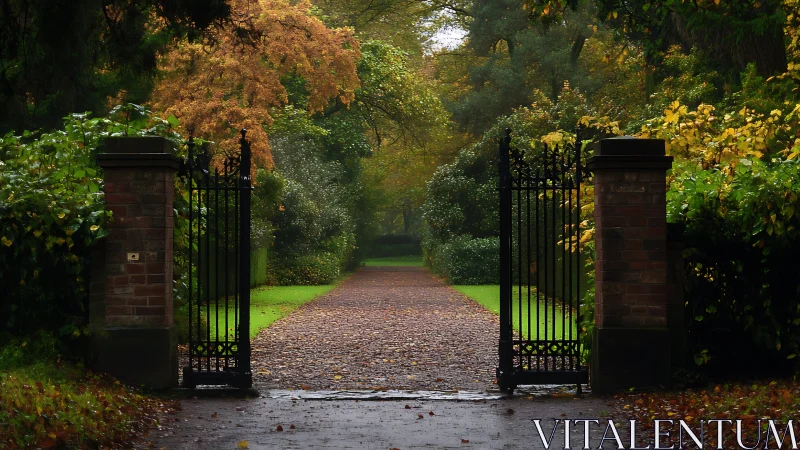 Autumn gateway whispering toward a rain-kissed garden path.