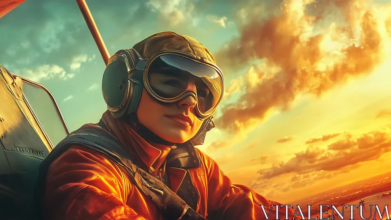 Pilot in open cockpit aircraft looks over wing at sunset