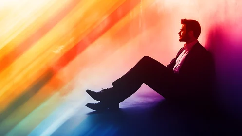 Man in suit sits against wall under diagonal neon light