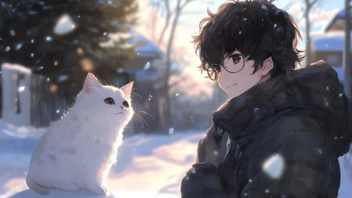 Boy and white cat share a gentle moment in winter light