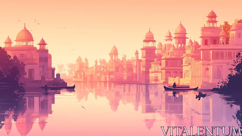Sunlit river palace city glowing in soft peach twilight.