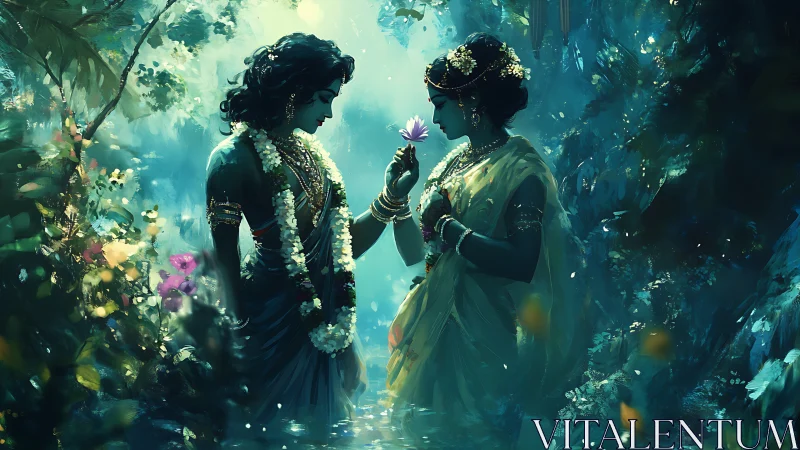 Divine couple in luminous forest sharing lotus flower.