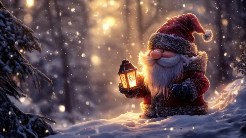 Snowy lantern gnome cradles winter’s quiet Christmas glow.