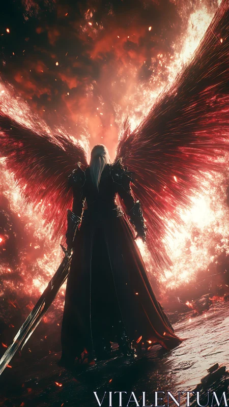 Crimson winged warrior stands tall in a blazing celestial storm