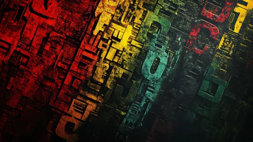 Chromatic relief typography matrix under oblique lighting.