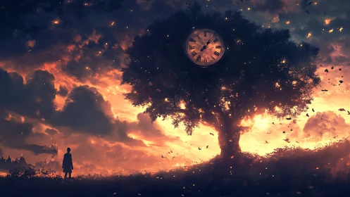 Twilight time-tree guarding a burning horizon of memories.