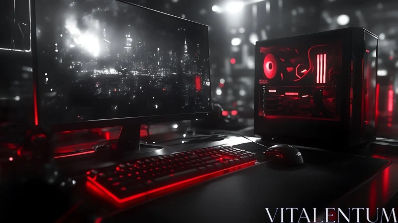 Custom red-lit gaming PC glows in a moody cyber workspace