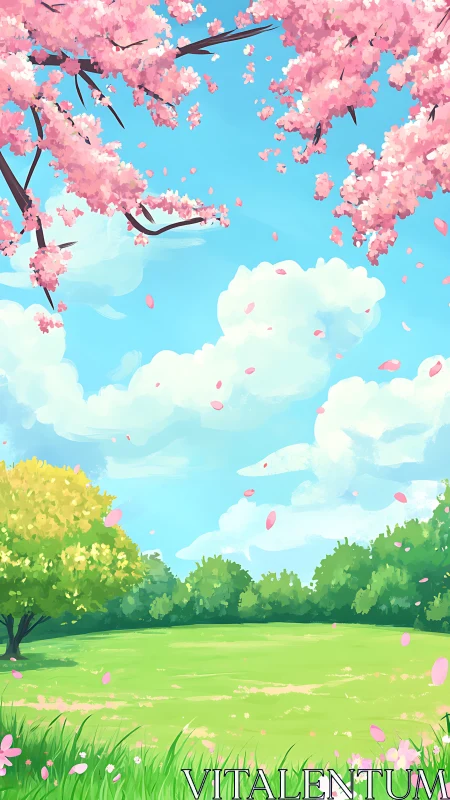 Cherry blossoms frame bright spring meadow under clouds