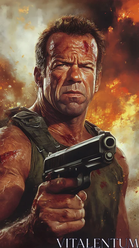 Battle-worn action hero holds a pistol amid roaring flames