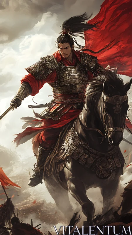 Armored warlord on rearing horse leads charge with dynamic red banners