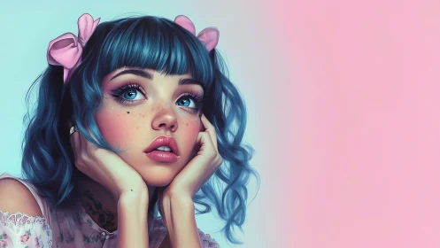 Blue haired girl portrait on soft pink and blue backdrop.