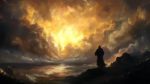 Solitary robed figure observing luminous storm horizon.