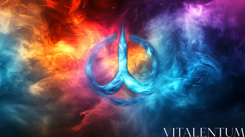 Abstract trident-like blue emblem in multicolored vapor field.