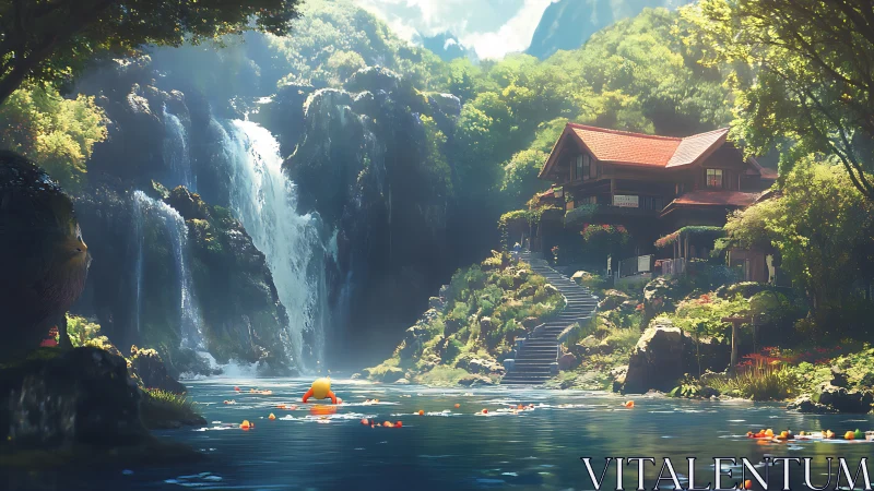 Mountain waterfall retreat overlooks river with floating duck