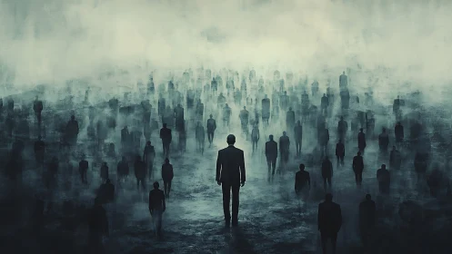 Silhouetted figures in dense fog across open landscape.