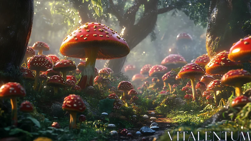 Sunlit toadstool grove in misty enchanted forest path.